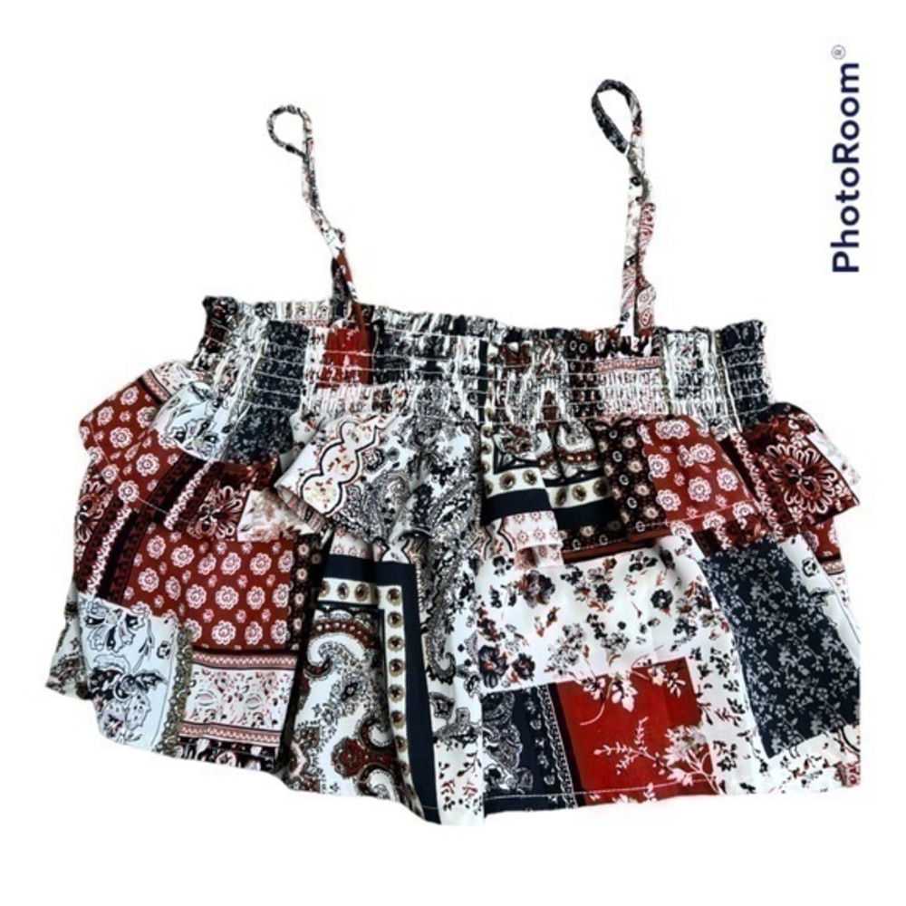 Papaya patchwork print smocked layered crop top